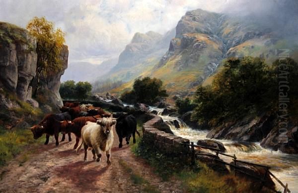 Highland Cattle - Pass Of The Trossachs Oil Painting by Henry R. Hall