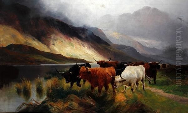 Highland Cattle By A Lochside Oil Painting by Henry R. Hall