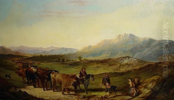 Highland Cattle Drovers Oil Painting by Henry R. Hall