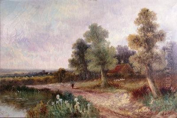 A Figure In A Wooded Landscape With Distant Cottage Oil Painting by M. Hall