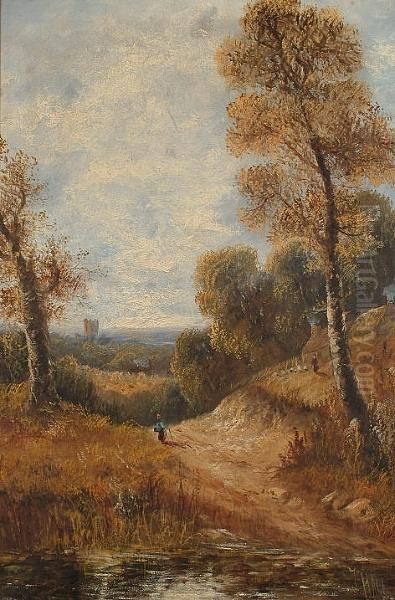 A Figure In An Autumn Landscape; Cottages Oil Painting by M. Hall