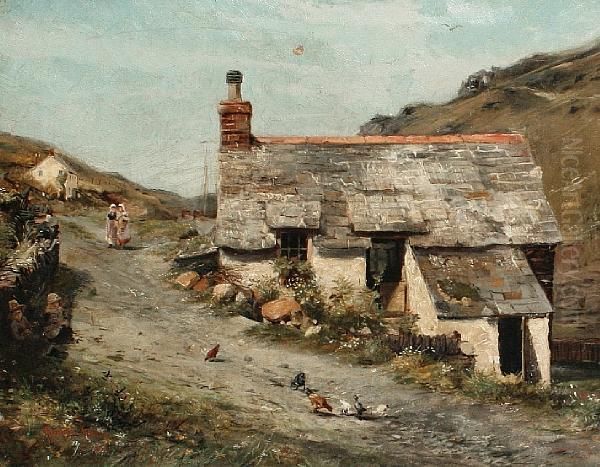 Figures On A Cottage Path Oil Painting by North Hall