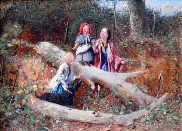 Children Playing In A Forest Oil Painting by Thomas P. Hall