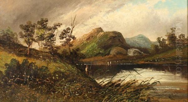 Landscape With Figure Fishing By A Stream Oil Painting by W Hall