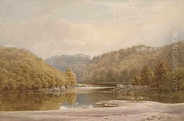 River Landscape With A Figure Near A Horse And Cart In The Foreground Oil Painting by William Hall