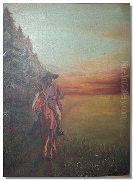 Cowboy Riding By A Forest At Sunset Oil Painting by George Hall Neale