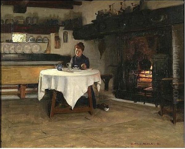 Cottage Interior With Woman Taking Tea Oil Painting by George Hall Neale