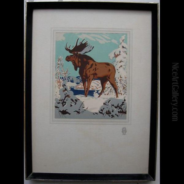 Moose In Winter Oil Painting by Joseph Sydney Hallam