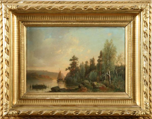 Insjolandskap Med Segelbat Oil Painting by Carl Hallberg