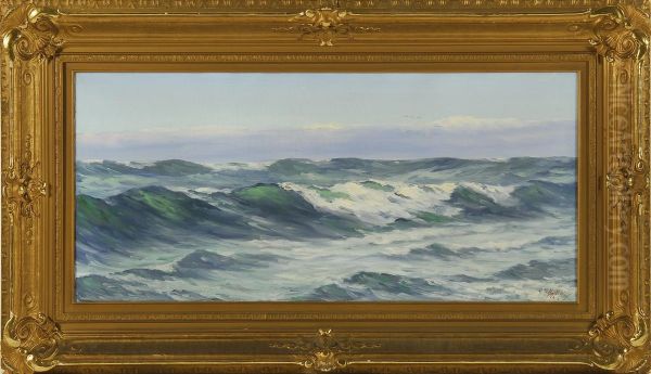 View Of Rolling Waves With Seagulls And Clouds Oil Painting by Charles Edward Hallberg