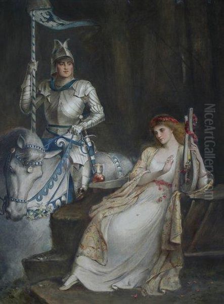 The Two Paths 
 A Lady With A Lute Beside A Knight On Horseback Oil Painting by Edward Charles Halle