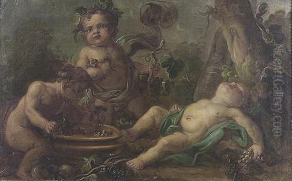 Drei Putti In Einem Weinberg. Oil Painting by Claude-Guy Halle