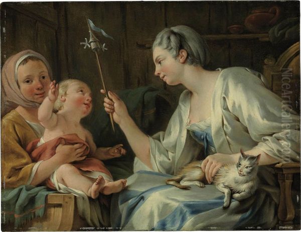 A Lady Entertaining A Child Of A Savoyard Woman With A Pinwheel Oil Painting by Noel Halle