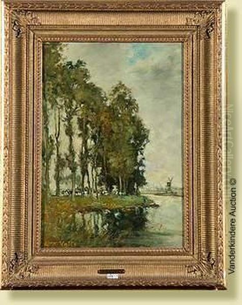 Paysage Fluvial Anime En Hollande Oil Painting by Charles-Dominique-Oscar Lahalle