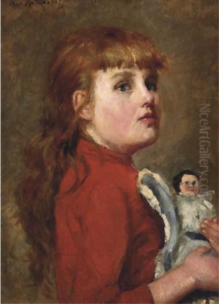 Young Girl With Her Doll Oil Painting by Charles-Dominique-Oscar Lahalle