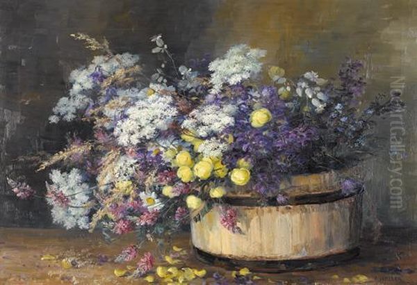 Reiches Stillleben Mit Fruhlingsblumen In Bottich. Oil Painting by Anna Haller