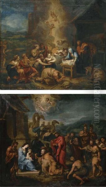 The Adoration Of The Shepherds; And The Adoration Of The Magi Oil Painting by Gilles Hallet