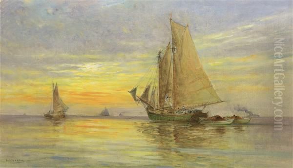 Ships At Sea Oil Painting by Hendricks A. Hallett