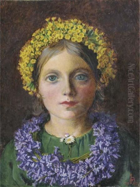 Portrait Of A Girl, Adorned With Cowslips, Bluebells And A Daisy Oil Painting by Michael Frederick Halliday