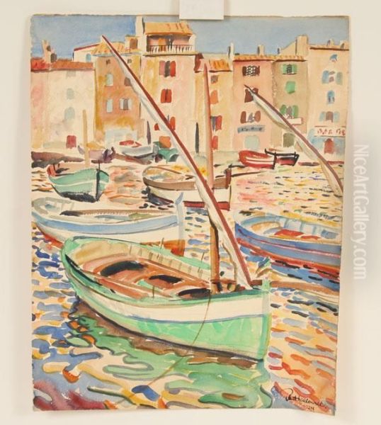 Boats In Harbor Oil Painting by Robert Hallowell