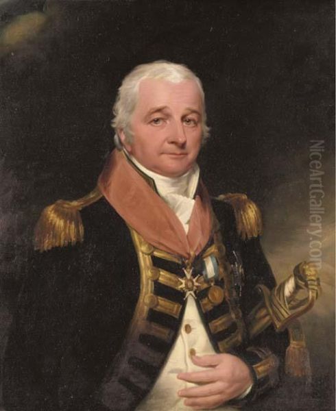 Portrait Of Vice-admiral Sir William H. Essington, K.c.b,half-length, In Full Naval Uniform, Wearing His Insignia Of Theknight Commander Of The Order Of The Bath And The Gold Medal Forthe Battle Of Camperdown, With His Naval Sword Tucked Under Hisleft Arm Oil Painting by John James Halls