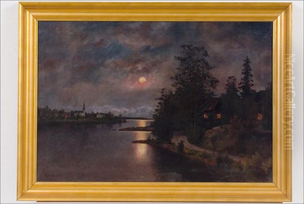 Maisema Kuunvalossa - Manskenslandskap. Oil Painting by Carl Hallstrom