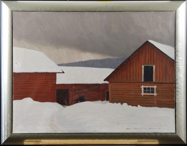 Gardsmotiv I Vinterlandskap Oil Painting by Gunnar Hallstrom