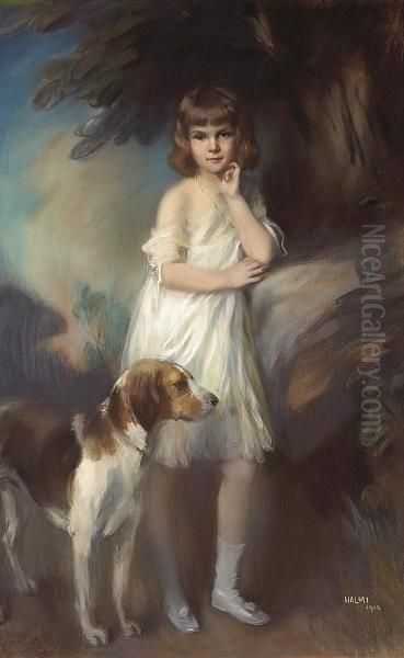 A Portrait Of Gloria Gould, Full-length, In Awhite Dress With Her Dog By Her Side Oil Painting by Artur Lajos Halmi