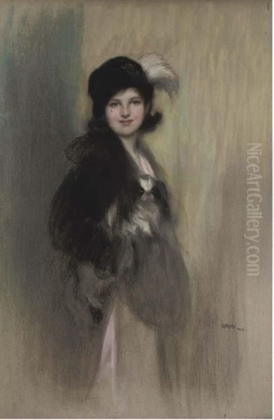 Portrait Of Lady Dorothy Duveen, As A Young Girl, Three-quarter-length, In A Feathered Hat Oil Painting by Artur Lajos Halmi