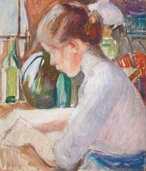 Girl Writing Oil Painting by Pekka Halonen