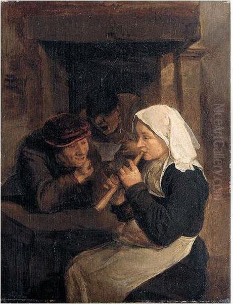 An Interior With Peasants Singing And A Woman Playing A Recorder Before A Fireplace Oil Painting by Harmen Fransz. Hals