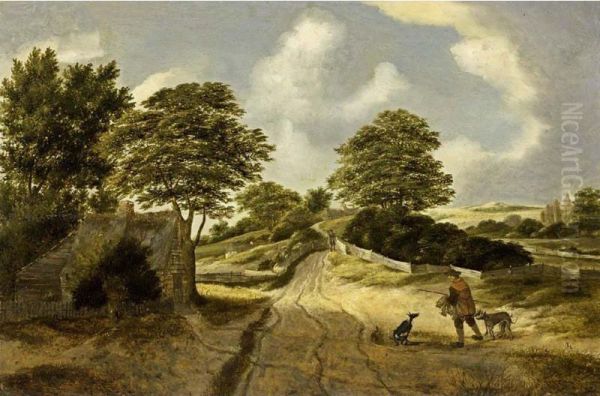 A Dune Landscape With A Sportsman And His Dogs On A Path Near A Cottage Oil Painting by Claes Hals