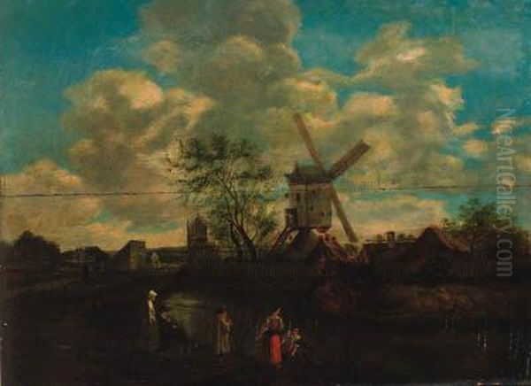 Peasants In A River Landscape, A Windmill Beyond Oil Painting by Claes Hals