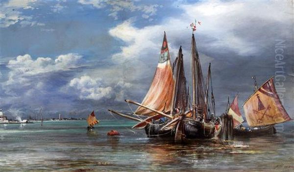 Fishing Boats In The Venetian Lagoon Oil Painting by Keeley Halswelle