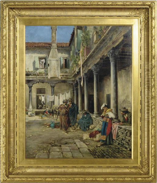 The Osteria: A Couple Flirting In A Courtyard Oil Painting by Keeley Halswelle