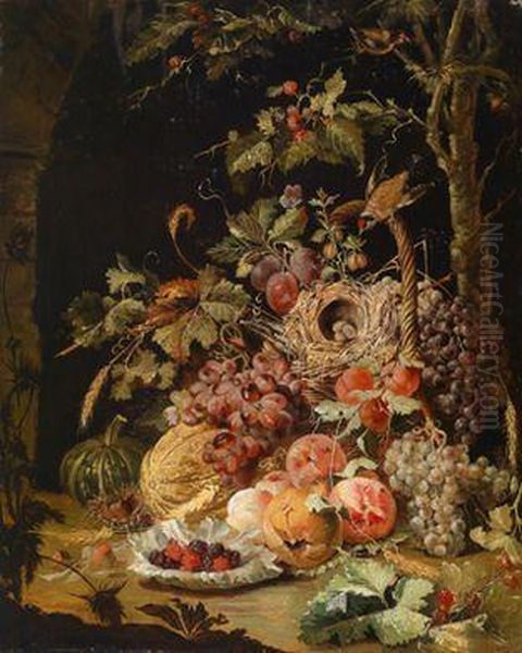 Ein Herbststilllebenmit Einem Kurbis Oil Painting by Johann Baptist Halszel