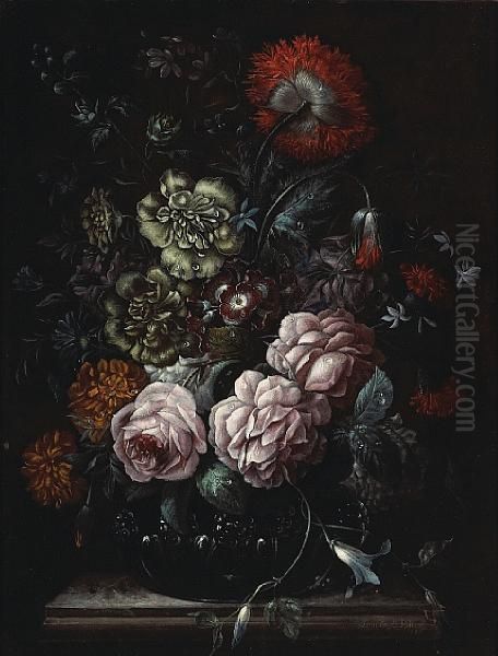 A Still Life With Roses, Carnations And Other Flowers In A Vase Placed On An Entablature Oil Painting by Johann Baptist Halszel