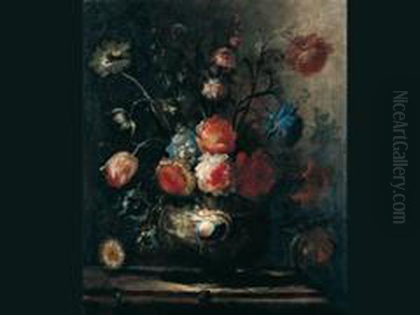 Blumenstrauss In Einer Reliefierten Tonvase Auf Einem Tisch Oil Painting by Johann Baptist Halszel