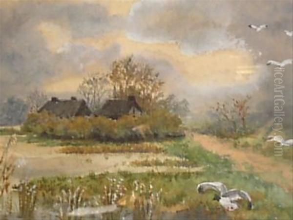 Wildfowl In Marshland Landscape Oil Painting by Mabel Hamar