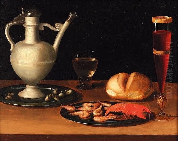 A Stoneware Jug On A Pewter Salver With A 
, A Bread Roll, A Pewter Dish Of Shrimps And A Crayfish And A Wine Glass On A Table Oil Painting by Johann Michael Hambach