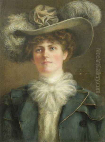 Portrait Of A Lady Wearing A Feather Hat Oil Painting by Helen Hambidge