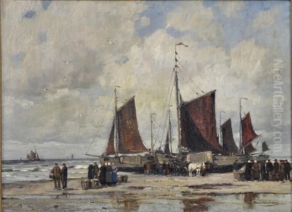 Fischer Amstrand, Ihre Boote Entladend Oil Painting by Wilhelm Hambutchen