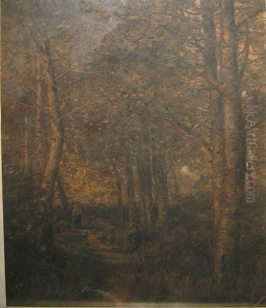 Houtsprokkelaars In Het Bos. Oil Painting by Adolphe Jean Hamesse