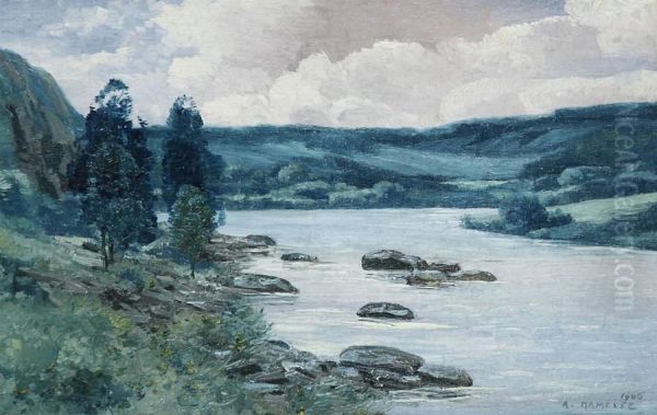 River Landscape Oil Painting by Adolphe Jean Hamesse