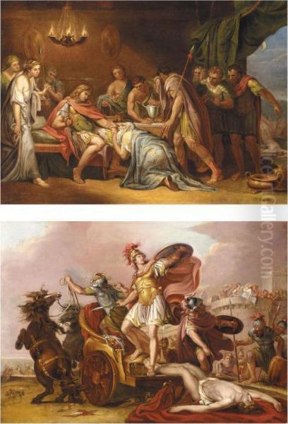 Achilles Dragging The Body Of Hector Round The Walls Of Troy; And King Priam Pleading For The Body Of Hector Oil Painting by Gavin Hamilton