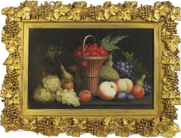 Cherries In A Basket With Grapes, Peaches, Pears, Apples And Awatermelon On A Ledge Oil Painting by Gustavus Hamilton