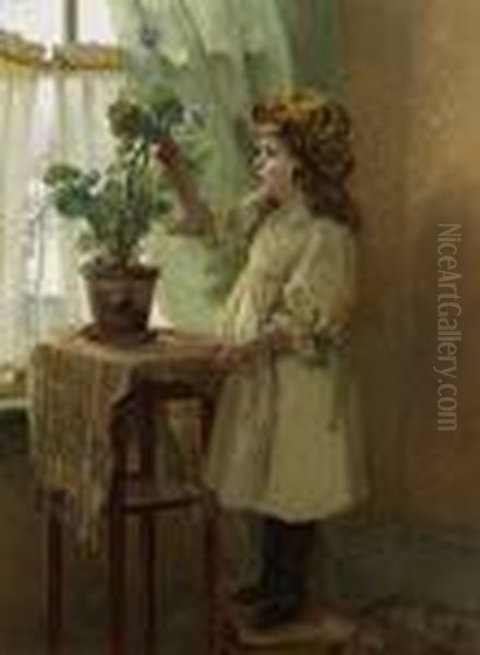 Young Girl With Geranium Oil Painting by Hamilton Hamilton