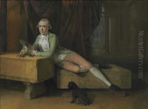 Portrait Of James Colyear Dawkins (1760-1840) Of Standlynch Park, Wiltshire, Leaning On A Sarcophagus During His Grand Tour In The 1780s, Possibly At The Villa Albani, Rome Oil Painting by Hugh Douglas Hamilton