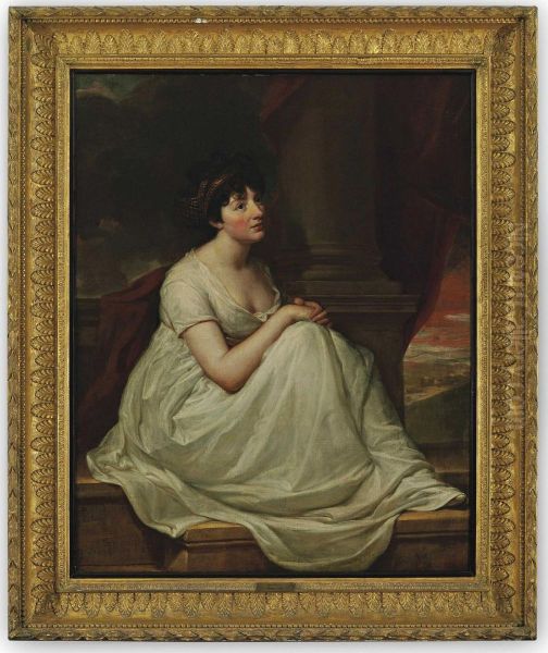 Portrait Of Jane Winder, Wife Of William Charles Monck-mason Of Masonbrook, Co. Kildare, Full-length, Seated On A Ledge In A White Dress With A Gold Headdress Beside A Column, A Landscape Beyond Oil Painting by Hugh Douglas Hamilton