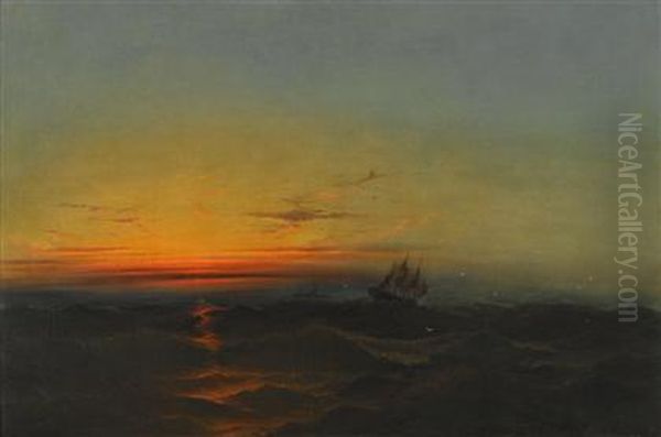 Ships Passing At Sunset Oil Painting by James Hamilton